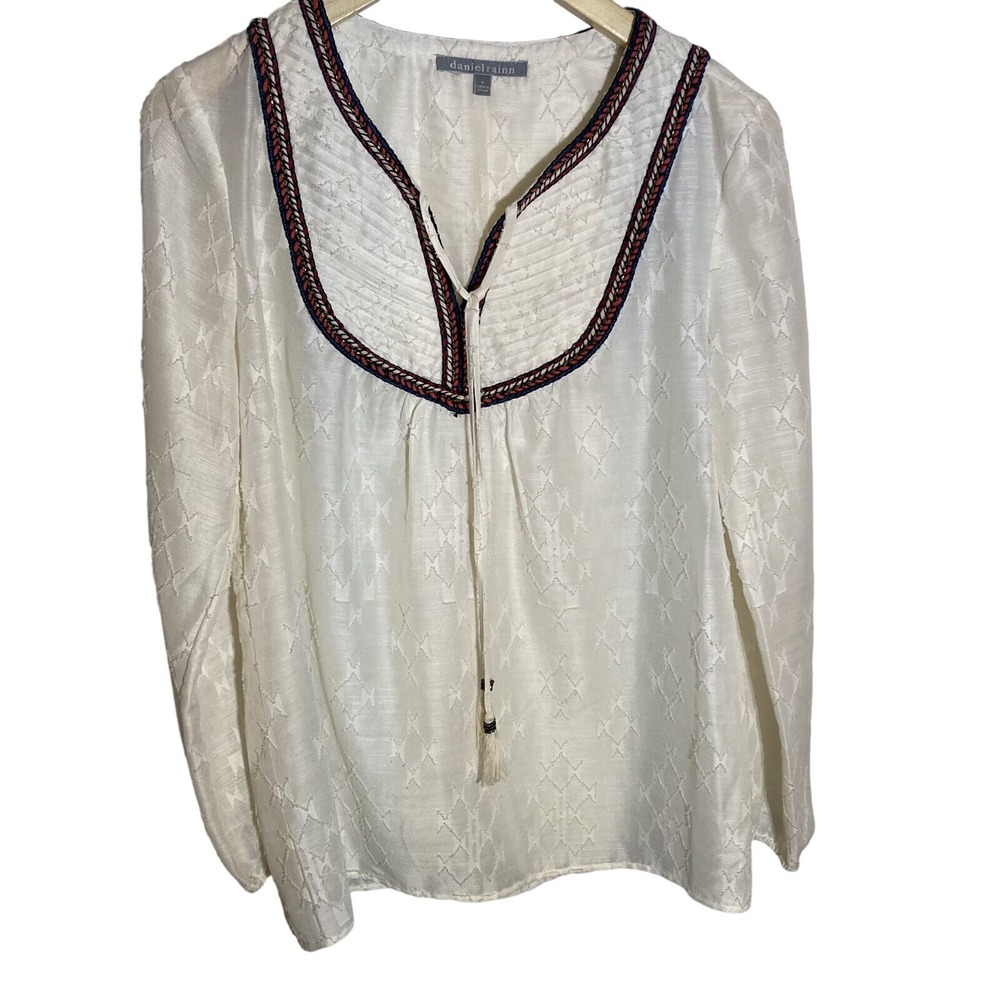 Daniel Rainn Peasant Blouse Embroidered Trim Long Sleeve Top Size‎ S